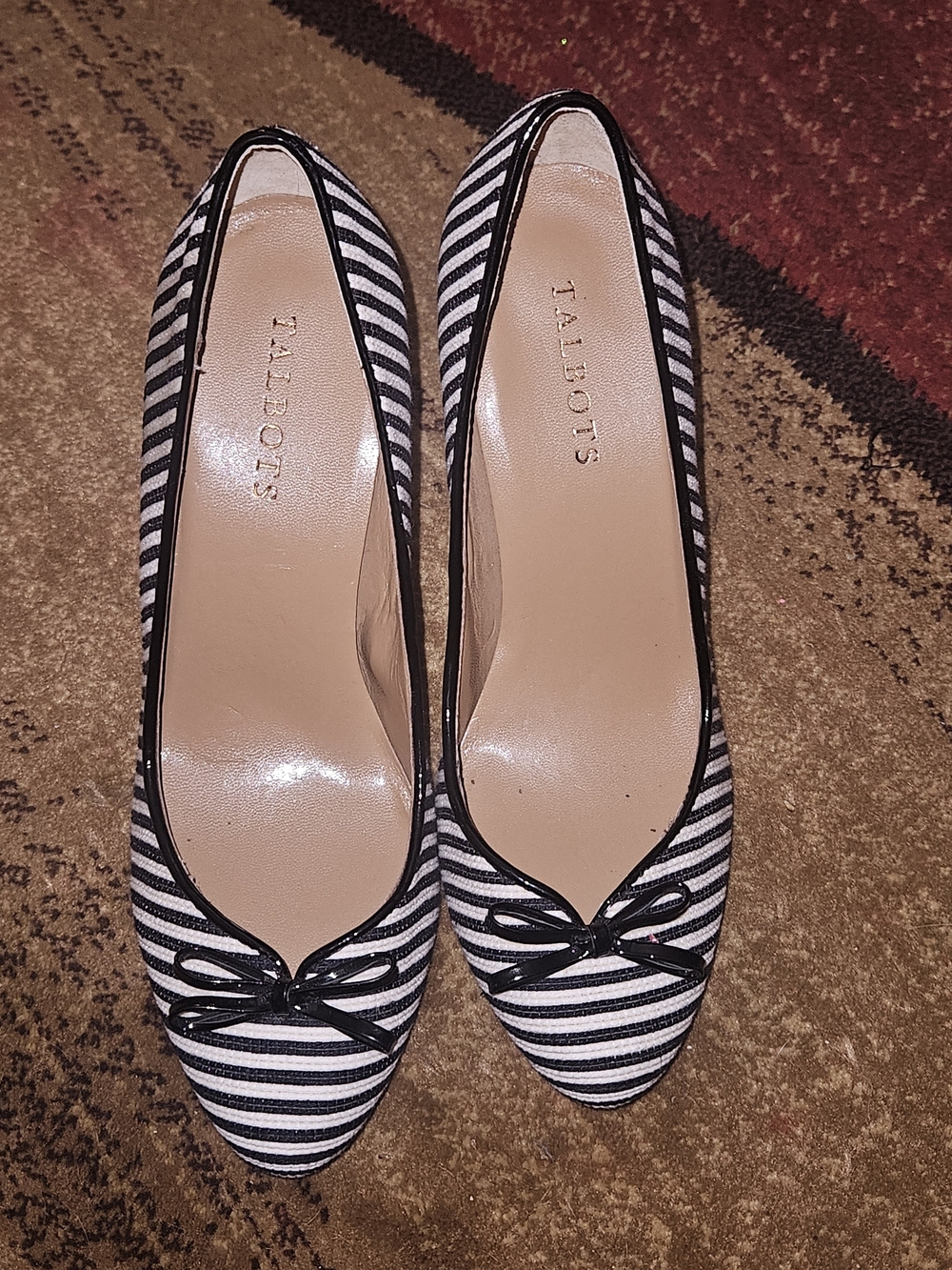 Talbots Black and White Striped Pointed Heels with Bow Trim